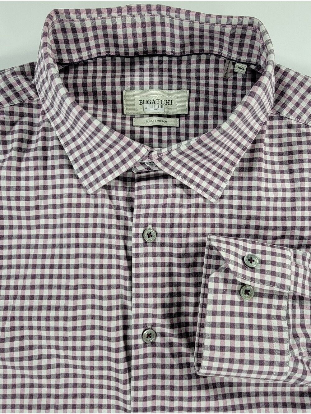 Men XXL 2XL Bugatchi 8 Way Stretch Pink Purple Check Button Long Sleeved Shirt